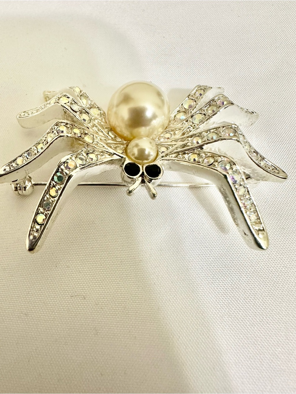 Silver-Tone Pearl Spider Brooch - Pearl & AB Crystals Accent